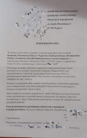 List z podziękowaniami od rodziny zaginionego mężczyzny, który po kilkunastu godzinach od wyjścia z domu został odnaleziony przez policjantów. Część treści dostępnej cyfrowo zamieszczona jest  w komunikacie