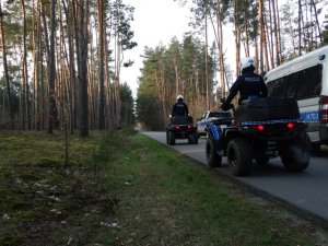Policyjne quady i radiowozy stojące na leśnej drodze