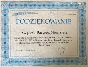 Pisemne podziękowanie dla policjanta za pomoc w trakcie interwencji