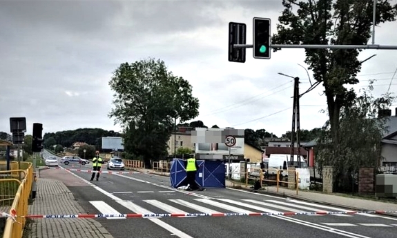 Miejsce wypadku drogowego. Droga, wzdłuż której znajdują się barierki ochronne. W rejonie oznakowanego przejścia dla pieszych z sygnalizacją świetlną stoi umundurowany policjant oraz rozłożony jest parawan. W oddali znajdują się oznakowane policyjne radiowozy