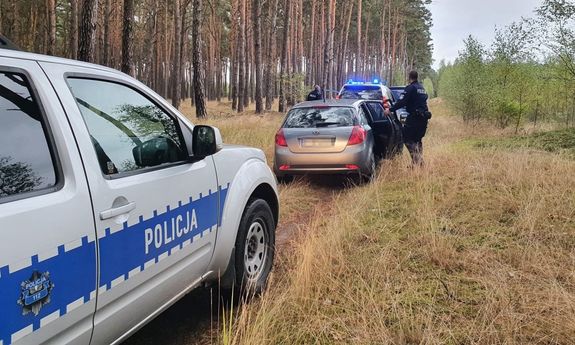 Policjanci wysiadają z radiowozu w lesie podczas poszukiwań. Widocznych kilka radiowozów, w tym jeden nieoznakowany