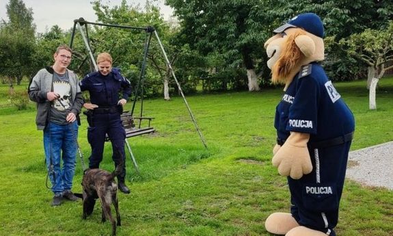 Na podwórku policjantka wraz z psem tropiącym którego trzyma na smyczy chłopiec, obok maskotka policyjna