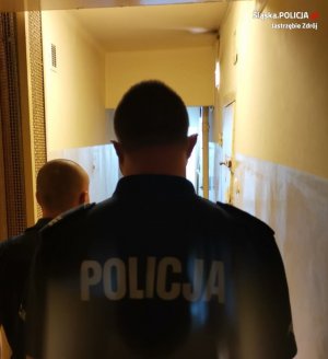 umundurowany policjant prowadzi zatrzymanego. Widok z tyłu