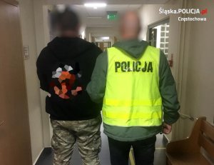 policjant w żółtej kamizelce z napisem Policja stoi trzymając pod rękę zatrzymanego - stoją tyłem do fotografującego