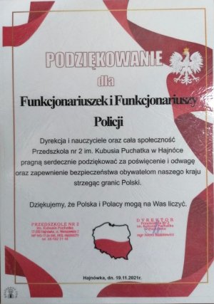 podziękowanie dla funkcjonariuszy i funkcjonariuszek od Dyrekcji przedszkola