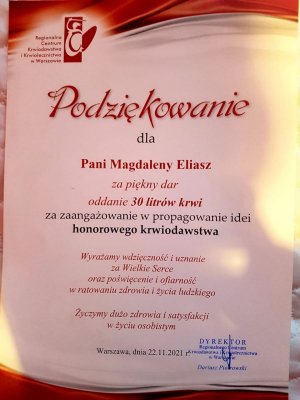 zdjęcie podziękowania za oddanie 30 litów krwi