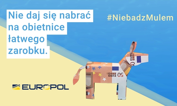 grafika przedstawia muła zbudowanego z banknotów euro, po lewej stronie napis nie daj się nabrać na obietnice łatwego zarobku. #niebadzmulem, poniżej logo europol