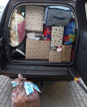 Kartony i worki z darami dla zwierząt spakowane do bagażnika samochodu