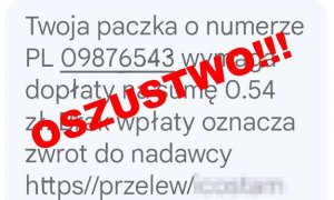 przykład wiadomości sms przesłanej przez oszustów, o których mowa w treści artykułu. Na wiadomości naniesiony czerwony napis: oszustwo