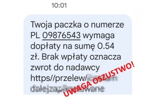 przykład wiadomości sms przesłanej przez oszustów, o których mowa w treści artykułu. Na wiadomości naniesiony czerwony napis: oszustwo