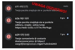 przykład wiadomości sms przesłanej przez oszustów, o których mowa w treści artykułu. Na wiadomości naniesiony czerwony napis: oszustwo