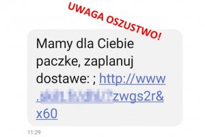 przykład wiadomości sms przesłanej przez oszustów, o których mowa w treści artykułu. Na wiadomości naniesiony czerwony napis: oszustwo