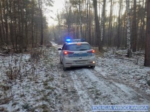 radiowóz jadący przez las zimą