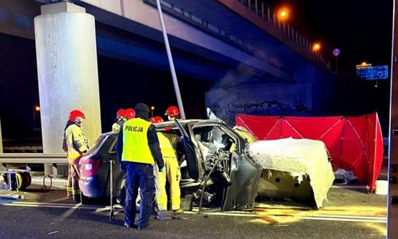 policjanci i strażacy przy rozbitym aucie