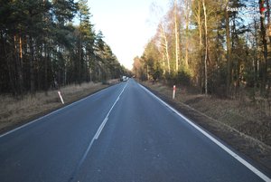 Droga biegnąca przez las. Na poboczu widać służby obsługujące wypadek