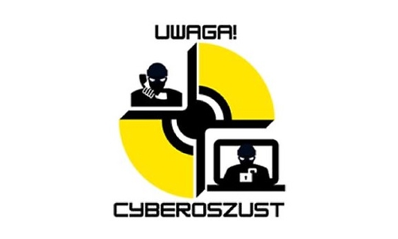 grafika przedstawia napis uwaga cyberoszust