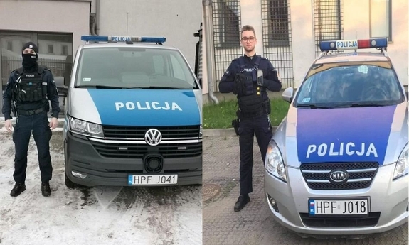 kolaż dwóch zdjęć, na obu zdjęciach umundurowany policjant stojący przy dwóch radiowozie