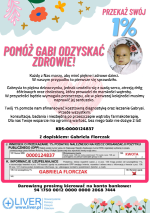 Przekaż swój 1% podatku i pomóż Gabi odzyskać zdrowie - infografika z numerem KRS i kontem bankowym, na które mogą być kierowane darowizny