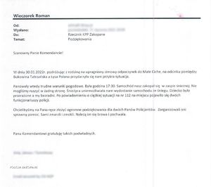 podziękowania dla policjantów, które wpłynęły do Rzecznika KPP w Zakopanem