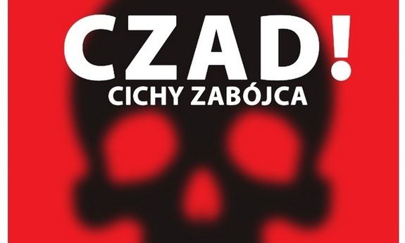 czarna czaszka na czerwonym tle, biały napis czad! cichy zabójca