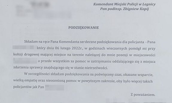 Podziękowania które wpłynęły do Komendy Miejskiej Policji w Legnicy