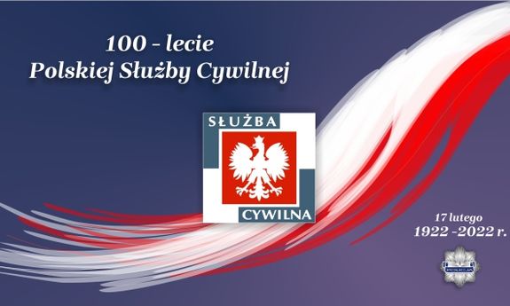 godło Polski w biało-szarej ramce z napisem służba cywilna. Z lewej strony u góry biały napis: 100-lecie Polskiej Służby Cywilnej, w prawym dolnym rogu biały napis: 17 lutego 1922- 2022 r. i policyjna gwiazda. Całość umieszczona jest na niebieskim tle z biało czerwonymi barwami, jakby skrzydłem z piór, namalowanym na ukos przez cały obrazek rozpoczynając od prawego górnego rogu, a kończąc w lewym dolnym.