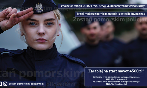 fragment plakatu zachęcającego do służby w Policji, na pierwszym planie policjantka salutująca oraz informacje zachęcające do służby