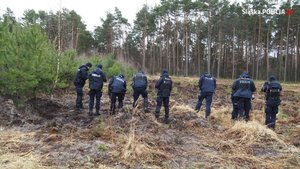 Umundurowani policjanci przeczesujący las