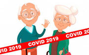 grafika przedstawiająca parę staruszków i  na czerwonym tle w poprzek obrazka biały napis Covid 19