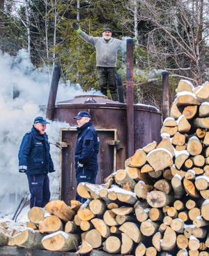 policjanci stoją przy piecu do wypalania węgla drzewnego a na piecu stoi zakapior wypalacz i macha rękoma. Jest zima
