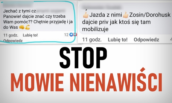 zdjęcie jednego z wpisów z internetu nawołującego do nienawiści, pod nimi napis stop mowie nienawiści