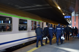 Grupa policjantów idzie w stronę pociągu
