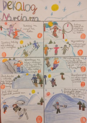 Na górze rysunku widnieje kolorowy napis „ Dekalog narciarza” obok narysowano żółte słońce i niebieskie płatki śniegu. Poniżej, w ponumerowanych prostokątach od 1 do 10 przedstawiono scenki na tle gór z opisem dekalogu w formie komiksu.