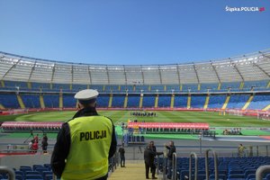 Widoczny umundurowany policjant na stadionie, w tle murawa i zawodnicy