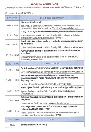 zdjęcie przedstawia program konferencji naukowej pt. „Operacja polska i zbrodnia katyńska – dwa sowieckie ludobójstwa na Polakach”