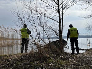 policjanci szukają zaginionej na terenie leśnym, przy brzegu zbiornika wodnego