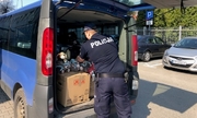 umundurowany policjant pakuje pluszowe misie do samochodu