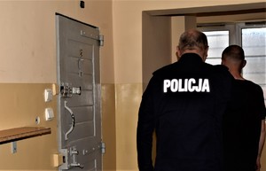 policjant prowadzi zatrzymanego - widok z tyłu