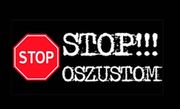Znak drogowy stop i biały napis na czarnym tle: stop oszustom