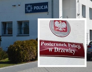 na pierwszym planie widoczna tablica z napisem: posterunek Policji w Drzewicy. Z tyłu widać budynek Policji