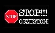 czerwony znak stop i biały napis na czarnym tle: Stop! Oszustom