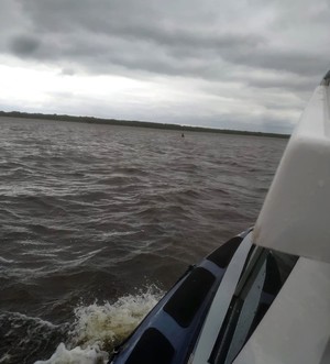 Ujecie widoku z łodzi w oddali widać windsurfera w wodzie