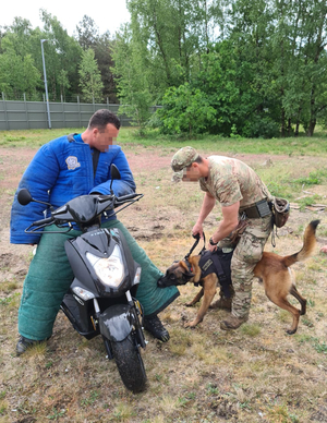 Pozorant siedzący na motocyklu oraz pies służbowy i policjant z CPKP „BOA”