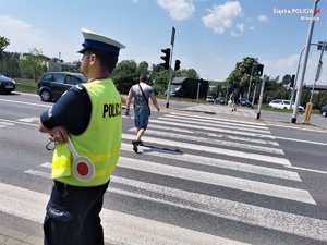 na zdjęciu znajduje się policjant, za nim przejście dla pieszych.