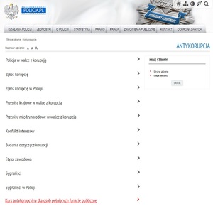 zrzut ekranu przedstawiający kategorie w zakładce antykorupcja na stronie policja.pl
