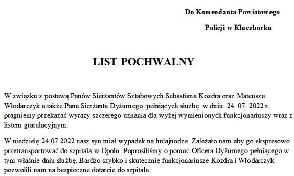 fragment listu, jaki został złożony na ręce Komendanta Powiatowego Policji w Kluczborku