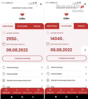 Screeny aplikacji ze smartfona pokazują ilość oddanej krwi i osocza