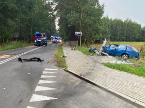 miejsce wypadku drogowego, samochód w rowie, na drodze pojazdy służb ratunkowych