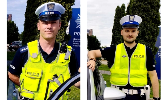 kolaż dwóch zdjęć, na obu zdjęciach policjant przy radiowozie