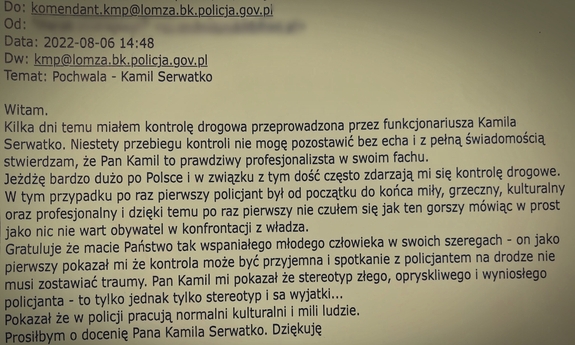 zdjęcie podziękowań dla policjantów, treść dostępna cyfrowo w załączniku